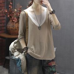 Knitted Linen Fake Two-piece Round Neck T-shirt Casual Solid Color T-shirt For Fall, Beige Solid Color T-shirt For Summer, Beige Crew Neck T-shirt Solid Color, Beige Solid Color Crew Neck T-shirt, Beige Crew Neck T-shirt, Solid Color T-shirt For Fall Layering, Solid Color T-shirt For Layering In Fall, Khaki Crew Neck T-shirt, Fall Layering Solid Color T-shirt