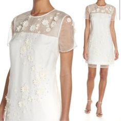 Description: New Ted Baker Silk Embellished Floral Dress . Short Sleeves. Crew Neckline. Sheer 100% Silk Shell Embellished With Flowers, Sequins, Pearls And Beading. Fully Lined. Exposed Gold Tone Back Zipper. Gorgeous Dress. New With Tags. Size Baker 2 White Embellished Short Sleeve Dresses, Feminine Spring Dresses With Pearl Embroidery, White Summer Dress With Pearl Embroidery, Summer White Dress With Pearl Embroidery, Feminine White Dress With Floral Applique, Floral Dress Short, Tone Back, Ivory Silk, London Dresses