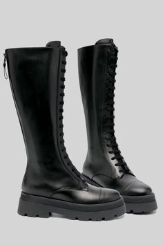 Leather Black Boots, Leather Boots Black, Lug Sole, Black Leather Boots, Platform Boots, Boots Black, Knee High Boots, Lace Front, Calf Leather