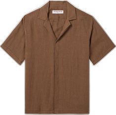 Linen Camp Shirt With Camp Collar For Vacation, Brown Summer Camp Shirt For Vacation, Brown Relaxed Fit Camp Shirt For Summer, Linen Camp Shirt With Placket And Camp Collar, Linen Top With Camp Collar For Vacation, Linen Camp Collar Tops For Vacation, Linen Vacation Tops With Placket, Summer Linen Top With Camp Collar, Summer Camp Shirt With Placket And Lapel Collar