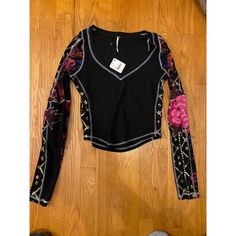 Free People Amara Long Sleeve Embroidered Top Black Color Size Xs- Nwt, Never Worn Retails For $128 What You See Is What You Get, All Sales Are Final Free People, We The Free, Free People Movement, Free People Intimately Free, Intimately Free, Free People Tee, Free People Tshirt, Free People Long Sleeve, Free People Long Sleeve Top, Free People Fresh And Clean Long Sleeve, We The Free Long Sleeve, We The Free Fresh And Clean Long Sleeve, Womens Clothing, Womens Apparel, Womens Designer, Anthropo Black V-neck Tops With Floral Embroidery, Black Long Sleeve Top With Embroidered Sleeves, Black Tops With Embroidered Sleeves For Fall, Fall Embroidered Sleeve Fitted Tops, Embroidered Stretch Long Sleeve Tops, Fitted Black Top With Embroidered Sleeves, Stretch Embroidered Long Sleeve Tops, Black Embroidered Stretch Tops, Fitted Long Sleeve Tops With Floral Embroidery