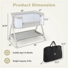 the baby crib is shown with measurements for it's size and features an extra carry bag