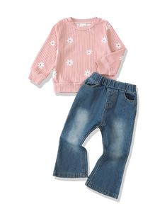 PRICES MAY VARY. Material: The toddler girls clothes is made of high quality fabric and denim, warm, soft, skin-friendly and comfortable toddler girl outfits give your sweetheart a good dressing experience. Fashion Design: Our baby girl outfits is designed with a crew-neck long sleeve daisy print shirts and stylish wide leg jeans that will make your little girls look so cute. Recommended Age: Little girls clothes is suitable for girls from 12 months to 5 years. Such as 12-18 month girl clothes, Denim Pants Outfit, Toddler Girl Clothes, Clothes Girl, Sweatsuit Set, Fall Denim, Sweatshirt Outfit, Clothes Outfits, Girls Outfits, Cute Jeans