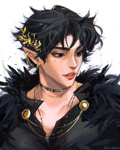 an anime character with black hair and gold jewelry