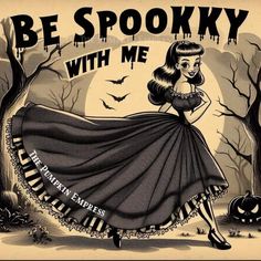 an old fashioned halloween poster with a woman in a black dress