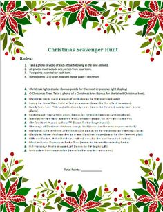 a christmas scavenger hunt with holly leaves and poinsettis on it