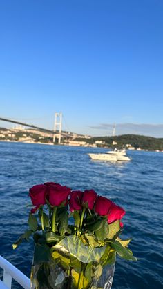 some red roses are in a vase on the edge of a boat with a bridge in the background