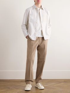 ZEGNA’s version of the classic overshirt is smart enough for casual days at the office. It's cut for a comfortable fit from mid-weight denim and accented with a tonal leather chest pocket. Men Casual Outfit Aesthetic, Men Street Fashion Winter, Office Outfit Aesthetic Men, Men’s Beige Outfit, Men's Smart Casual Outfit Aesthetic, Beige And White Outfit Men, Aesthetic Office Outfit Men, Office Fits Men, Neutral Outfit Ideas Men