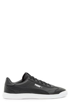 Upgrade your kicks with this sporty low-top sneaker constructed from soft faux leather with comfortable cushioning and a white pivot sole. Synthetic upper, lining and sole Imported Puma Logo Synthetic Sneakers For Jogging, Athleisure Puma Sneakers With Synthetic Material, Puma Logo Leather Sneakers For Sports, Leather Puma Sneakers For Sports, Puma Leather Sneakers For Sports, Black Leather Puma Sneakers, Low-top Synthetic Sneakers With Puma Logo, Functional Low-top Puma Running Shoes, Low-top Synthetic Puma Sneakers