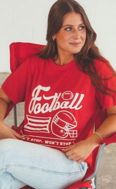 Can't stop, won't stop with our obsession over football! This larger than life font is the perfect new addition to your gameday tee rotation. Size up for an oversized look and pair it with biker shorts!


Foluwa is 5'8" and is wearing a size medium

Brooke is 5'7" and is wearing a size medium

fits true to size - size up for an oversized fit

hand wash cold

50% polyester 50% cotton 

imported


SIZING GUIDE


small: 39" bust and 26" length

medium: 42" bust and 26.5" length

large: 44" bus Can't Stop Won't Stop, Larger Than Life, Biker Shorts, Hand Wash, Football, Size Medium, T Shirts For Women, Band, Women's Top