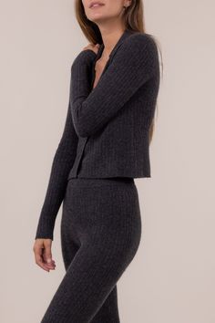 HC14F23 - 100% Cashmere- Button front closure- Cropped below the waist- Measurements on model: - Length - 19" - Chest - 15 3/4" flat - Model is 5'9" and wearing a size Small Charcoal Cardigan Outfit, Julie James, Charcoal Cardigan, Cardigan Outfits, Ribbed Cardigan, Cardigan Top, Dress With Cardigan, Cropped Cardigan, Outfit Set