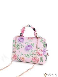 BirdinBag - Colorful Printed Handbag with Twilly Scarf Decor and Chain Strap Scarf Decor, Twilly Scarf, Twilly, Bag Bag, Square Bag, Chain Strap, Polyester Material, All Over Print, Top Handle