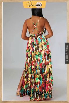 Sexy Floral Print Spaghetti Strap Backless Maxi Dress Chic Strapless Backless Dress For Vacation, Flirty Backless Maxi Dress For Summer, Trendy Floral Print Sundress For Party, Summer Vacation Maxi Dress With Crisscross Straps, Summer Maxi Dress With Crisscross Straps For Vacation, Beach Season Party Maxi Dress With Tie Back, Trendy Spaghetti Strap Maxi Dress For Vacation, Spring Party Strappy Maxi Dress, Summer Maxi Dress With Crisscross Spaghetti Straps