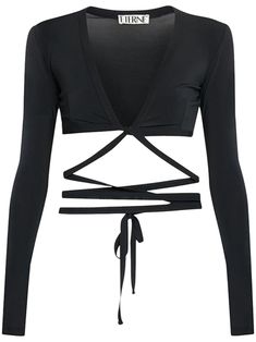 jet black stretch-design strap detailing plunging V-neck rear tie fastening long sleeves cropped Neck Crop Top, Jersey Shirt, Black Crop, Black Crop Tops, Black Stretch, Jet Black, Dream Closet, Black Shirt, Crop Top