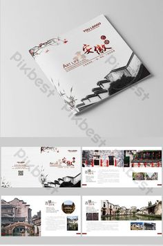 an open brochure is displayed on a white surface with red and black accents