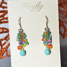 A Ladies Pair Of Antique Silver Plated Firefly Multi-Color Confetti Earrings. The Earrings Are Approximately 1.5 Inches Long Confetti Earrings, Mens Accessories Fashion, Firefly, Cute Jewelry, Crystal Earrings, Custom Fit, Confetti, Antique Silver, My Jewellery