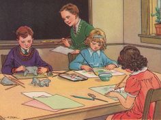 three children are sitting at a table and one child is doing something on the paper