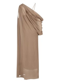 Khaite 'Taj' draped maxi dress in caramel beige silk chiffon with asymmetric design, deep V-neck, sleeveless, thin straps, straight hem. Composition: 100% Silk Draped Silk Dress, Portrait Dress, Drape Maxi Dress, Wang Dress, Versace Sweatshirt, Italian Luxury Brands, Beige Silk, Designer Drapes, Zimmermann Dress