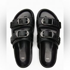 Flat Leather Sandals With Buckled Straps And Metal Appliqus. Rounded Toe New With Tags Comes With Zara Dust Bag Size Us 9 Or 40 Sole Height 0.8 In (2cm) Insole 100% Sheep Leather Sole 100% Sbs Lining 100% Polyurethane Upper 100% Polyurethane Black Leather Footbed Sandals With Tang Buckle, Black Double Strap Footbed Sandals With Tang Buckle, Black Flat Sandals With Metal Pin Buckle, Black Double Strap Sandals For Party, Zara Black Sandals With Buckle Closure, Black Footbed Sandals With Tang Buckle For Summer, Chic Black Footbed Sandals With Buckle Closure, Zara Black Leather Sandals, Trendy Zara Leather Sandals