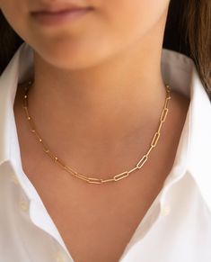 Introducing our version of the iconic paperclip gold chain that is currently a must have for any gold jewelry fan! It's modern, yet classic and pairs with many things from t-shirts to office wear! Layer this with multiple chains for that haute look. 14K yellow gold solid links 16" length High polished Cheap Cable Chain Necklace For Women, Luxury Chic Paperclip Chain Necklace, Luxury Figaro Paperclip Chain Necklace, Luxury Figaro Chain Paperclip Necklace, Paperclip Necklace Layering, Minimalist Chic Outfit, Paperclip Chain Necklace, Paperclip Necklace, Necklace Ideas