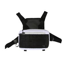 the back view of a white and black backpack with straps on it, against a white background