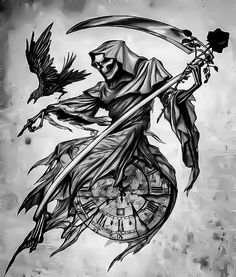 a black and white drawing of a person with a scythe holding a clock in his hand