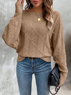 Women's Casual Solid Color Round Neck Batwing Loose Long Sleeve Sweater, Fall & Winter Camel Casual  Long Sleeve Knitwear Plain Pullovers Slight Stretch  Women Clothing, size features are:Bust: ,Length: ,Sleeve Length: Hair Jewelry For Braids, Plaid Print Shirt, Loose Long Sleeve, Patchwork Jacket, Women's Shapewear, Fall Style, Casual Sweaters, Inspiration Mode, Kids Beachwear