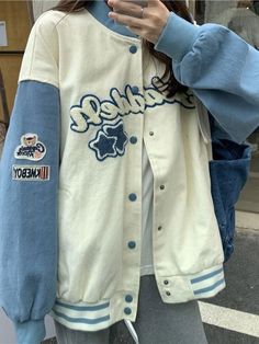 ⚡️Buy Vintage Embroidery Varsity Jacket Blue M under $32.00 in Jackets Online. Style: Casual, Street Color: Blue/Pink Fabric Content: Polyester, Cotton Fit Type: Loose fit Neckline: Stand Collar Sleeve Length: Long Sleeve Design: Toweling Embroidery Detail, Snap Button Fastening, Elasticated Cuffs, Contrast Stripe Detail, Functional Pockets. ✓2022 NEW YEAR SALE | $10 OFF OVER $75 CODE: NY1 I $25 OFF OVER $125 CODE: NY2 | $35 OFF OVER $215 CODE: NY3✓Free Shipping on all orders over $69 USD.. Chec Pastel Varsity Jacket, Cute Jackets Aesthetic, Blue Jacket Aesthetic, Varsity Jacket Design, Pink Color Combination, Long Sleeve Design, Baseball Varsity Jacket, Baggy Pants, New Years Sales