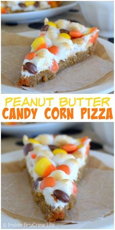 a piece of peanut butter candy corn pizza