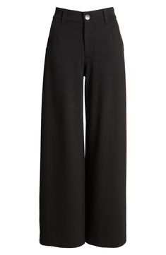 Sophisticated and comfortable, these stretchy, full-length wide-leg pants feature a superhigh waist and 'Ab'solution powermesh panels that mold and hold. 29 1/2" regular inseam; 24" leg opening; 11" front rise; 15 1/2" back rise (size 8) 28" petite inseam; 24" leg opening; 11" front rise; 15 1/2" back rise (size 8P) Zip fly with button closure Front slant pockets 63% polyester, 32% rayon, 5% spandex Machine wash, tumble dry Imported Elegant Wide-leg Pants With 4-way Stretch, Versatile Straight Leg Evening Pants, Versatile Straight Leg Pants For Evening, Versatile Straight Leg Evening Bottoms, Versatile Wide-leg Cargo Pants, Versatile Wide-leg Pants, Modern Stretch Bottoms For Evening, Sleek Stretch Wide Leg Pants For Evening, Sleek Solid Color Wide-leg Pants