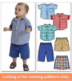 Sewing Pattern Make Clothes for Baby Boys This listing is for one sewing pattern to make all of the items listed below. Directions and pattern pieces are included. Please note that anything else shown as well as any fabric or supplies needed are not included. Brand new and uncut. Sew your little boy a two-piece look for spring and summer! Button down shirts have patch pockets, button or snap fronts, and optional appliques. Pants and shorts have pockets, waistline casings, and stitched hems. Patt Boys Clothes Patterns, Summer Autumn Outfit, Boys Sewing Patterns, Toddler Patterns, Boy Sewing, Boys Pattern, Sew Ins, Patterns Sewing, Baby Clothes Patterns