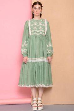 Shop for Sahil Kochhar Green Viscose Voile Embroidered Midi Dress for Women Online at Aza Fashions Green Bohemian Dress With Chikankari Embroidery, Green Bohemian Embroidered Dress With Chikankari, Lace Dress With Embroidered Hem, Cotton Embroidered Dress With Lace Trim, Green Bohemian Dress With Embroidered Hem, Bohemian Green Dress With Embroidered Hem, Green Cotton Dress With Chikankari Embroidery, Green Cotton Chikankari Embroidered Dress, Green Embroidered Lace Dress