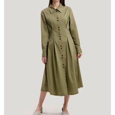 Gentle Herd Cotton-Blend Pleated Shirt Dress. Nwt. Size Large Color Is “Matcha” (Olive Green) Button Down Front Long Sleeves Length: 46.5” Armpit To Armpit: 18” Waist: 15.5” Will Ship The Same Or Next Day M-F. Olive Midi Dress For Work, Cotton Long Sleeve Midi Dress For Office, Collared Khaki Shirt Dress For Daywear, Long Sleeve Cotton Midi Dress For Office, Khaki Shirt Dress For Fall, Green Button-up Shirt Dress With Button Cuffs, Green Long Sleeve Midi Dress With Button Closure, Green Cotton Midi Dress For Work, Green Button-up Shirt Dress