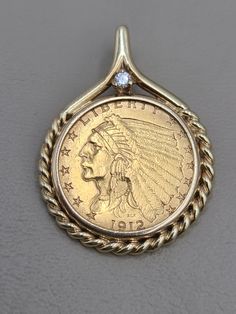 For Sale: (1) k848 Nice Unisex 1912 Liberty Coin & Diamond Pendant set in 14kt Yellow Gold PLEASE READ ENTIRE DESCRIPTION BEFORE PURCHASING This is a nice unisex 1912 Liberty coin pendant, featuring a small .02cts diamond.  Bail is stamped 14k, as shown in photo and was acid tested for purity.  Would be a nice anniversary, birthday present, Christmas, Father's Day, Graduation, Mother's Day or Valentine's Day gift for him or her! Specifics: 14kt Yellow Gold pendant & 1912 $2.50 Liberty Coin Lengt Collectible Yellow Gold Diamond Necklace, Vintage 14k Gold Coin Pendant Jewelry, Heirloom Coin-shaped Yellow Gold Jewelry, Heirloom Yellow Gold Coin Jewelry, Antique Yellow Gold Diamond Jewelry, Classic Stamped 14k Coin Jewelry, Classic 14k Stamped Coin Jewelry, Vintage 14k Gold Coin Jewelry, Yellow Gold Coin-shaped Jewelry With Polished Finish