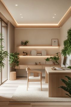 a room with a desk, chair and potted plant