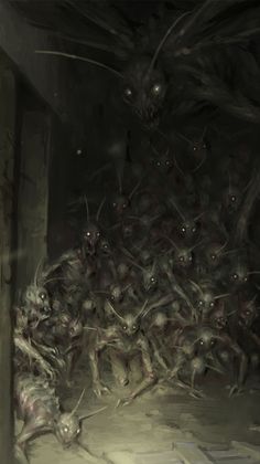 a bunch of strange looking creatures in a room with light coming from the ceiling and floor