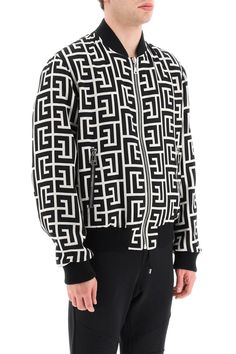 100% Fleece Wool | Balmain Men's Rib Trim All-over Logo Bomber in Ivoire/Black | FW23/24 Balmain Men, Monogram Pattern, Mens Wear, Dolce And Gabbana Man, High End Fashion, Casual Button Down Shirt, Fitness Models, Bomber Jacket, Dolce And Gabbana