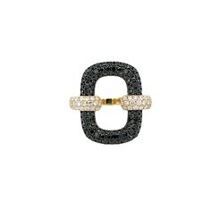 Black & Clear Diamond Link Ring 14K Yellow Gold 1.10 Black Diamond Carat Weight 0.75 Diamond Carat Weight 0.75" Long Please allow 6-10 weeks for delivery. Luxury Black Diamond Ring With Pave Setting, Yellow Gold Rings With Black Enamel And Diamond, Black Diamond Ring With Vvs Clarity In 14k Gold, Black Enamel Diamond Rings Fine Jewelry, Fine Jewelry Diamond Rings With Black Enamel, Luxury Black Oval Rings, Luxury Black Rings For Formal Occasions, Black Diamond Ring With Vvs Clarity And Round Shape, Luxury Yellow Gold Rings With Black Diamonds