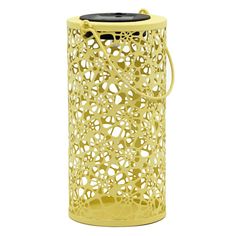 a yellow metal trash can with holes in the middle and a black lid on top