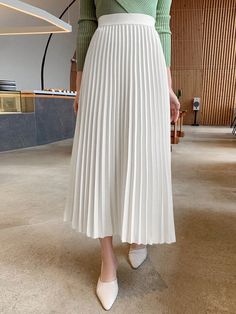 Elegant Pleated A-Line Skirt, Spring/Fall White Casual,Elegant   Fabric Plain Pleated Non-Stretch  Women Clothing, size features are:Bust: ,Length: ,Sleeve Length: Beige Skirt Outfit Ideas, Beige Skirt Outfit, Beige Pleated Skirt, Christmas Ootd, Dressy Style, Makeup Wishlist, White Pleated Skirt, Fall White, Beige Skirt