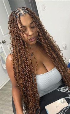 Goddess Braids With Twists, Twist Bohemian Braids, Black Twists Braids, Womens Twist Hairstyles, Summer Twists For Black Women, Island Twist With Curls And Color, Goddess Two Strand Twist, Boho Braids Twist, Summer Twists For Black Hair