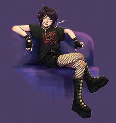 a woman sitting on top of a purple couch wearing fishnet stockings and thigh high boots