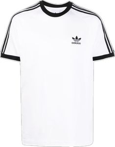 Sporty White T-shirt With Signature Stripes, Basic Crew Neck T-shirt With Three Stripes, Adidas Three Stripes Crew Neck T-shirt, White Adidas Sporty T-shirt, Adidas White Sporty T-shirt, Cotton T-shirt With Three Stripes, White Short Sleeve T-shirt With Signature Stripes, White Short Sleeve Tops With Signature Stripes, Streetwear Short Sleeve T-shirt With Signature Stripes