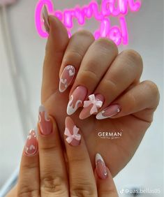 Trendy Almond Nails, Paznokcie Hello Kitty, Almond Gel Nails, Pink French Nails, Cute Summer Nail Designs, Kutek Disney, Girly Acrylic, Nail Looks, Nagel Tips