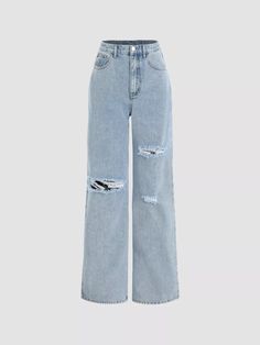 Denim Basic Ripped Jeans US$36.00 Celana Fashion, Denim Patterns, Outfit Jeans, Clothing Details, Distressed Denim Jeans, Straight Leg Denim, Loose Pants, Blue Outfit, Straight Leg Trousers