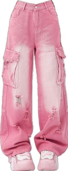 a pair of pink jeans with holes on the bottom and side, all ripped up