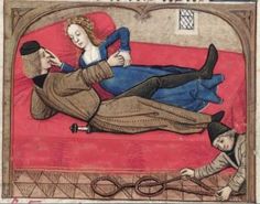 an illustration of a man lying on a bed next to a woman with scissors in her hand