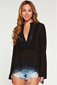 Final Sale - Get it before it's gone! Effortless luxe in the Cassandra Black Lace Bell Sleeve Top. Black cotton gauze fabric forms a collarless pullover top with a high-low hem and front bib (with eyelet insert) detail. The lace hem and bell sleeves finish the boho look. DETAILS & CARE Rayon. Hand wash cold. Imported. Black Bell Sleeve Top, Lace Bell Sleeve Top, Cotton Gauze Fabric, Boho Pink, Gauze Fabric, Lace Hem, Shipping Orders, Boho Look, Monday Friday