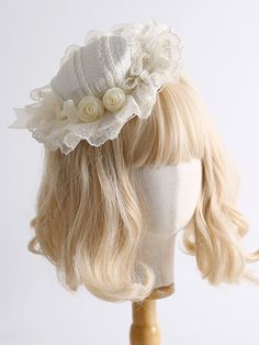 Add a touch of sweet and feminine charm to your outfit with this delightful mini hat. Adorned with a floral design, beige beads, and sweet bowknots, this hat is the perfect accessory for adding a hint of kawaii style to your look.   Please note that this product includes only the mini hat. Adjustable Beige Hair Accessories, White Hat With Bow And Short Brim, White Hat With Ribbon And Short Brim, Cream Headband For Summer, White Short Brim Hat With Ribbon, Whimsical White Hair Accessories For Spring, Cute Cream Hat For Gift, White Headpieces As A Spring Gift, White Headpieces For Spring Gift