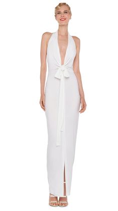 TIE FRONT HALTER GOWN Midi Gowns, Elephant Pants, Instagram Heart, Halter Gown, Fringe Top, Norma Kamali, Pencil Pants, Side Stripe, Catsuit